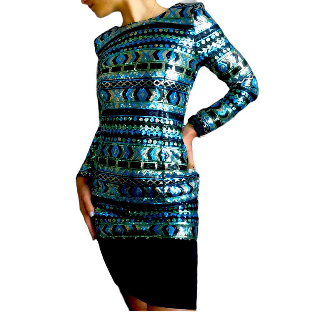 TFNC London Aztec Sequin long sleeve cut out dress. Size Small